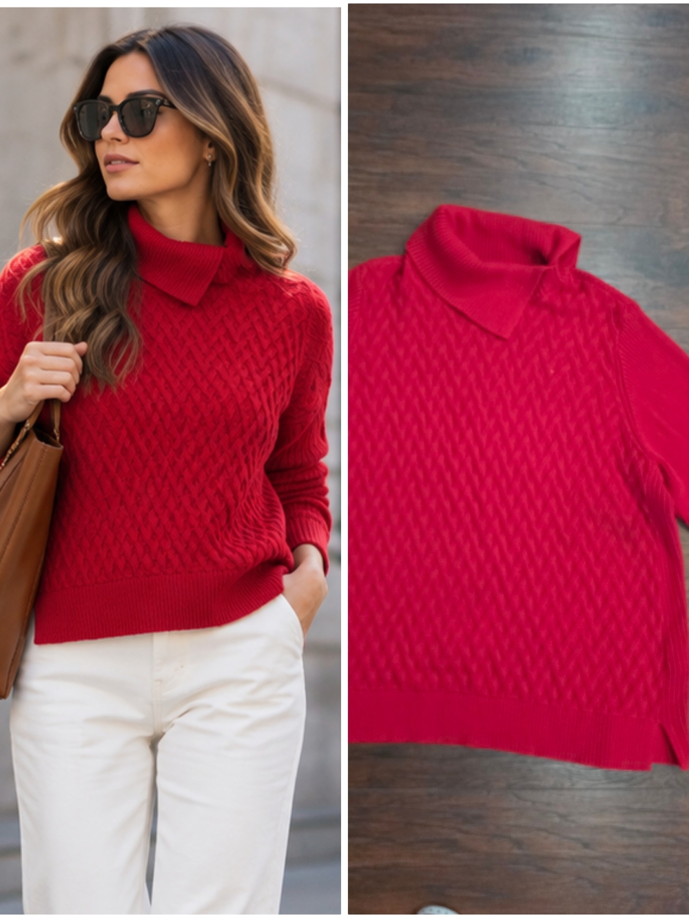 Lands' End Red Cable-Knit Turtleneck Sweater